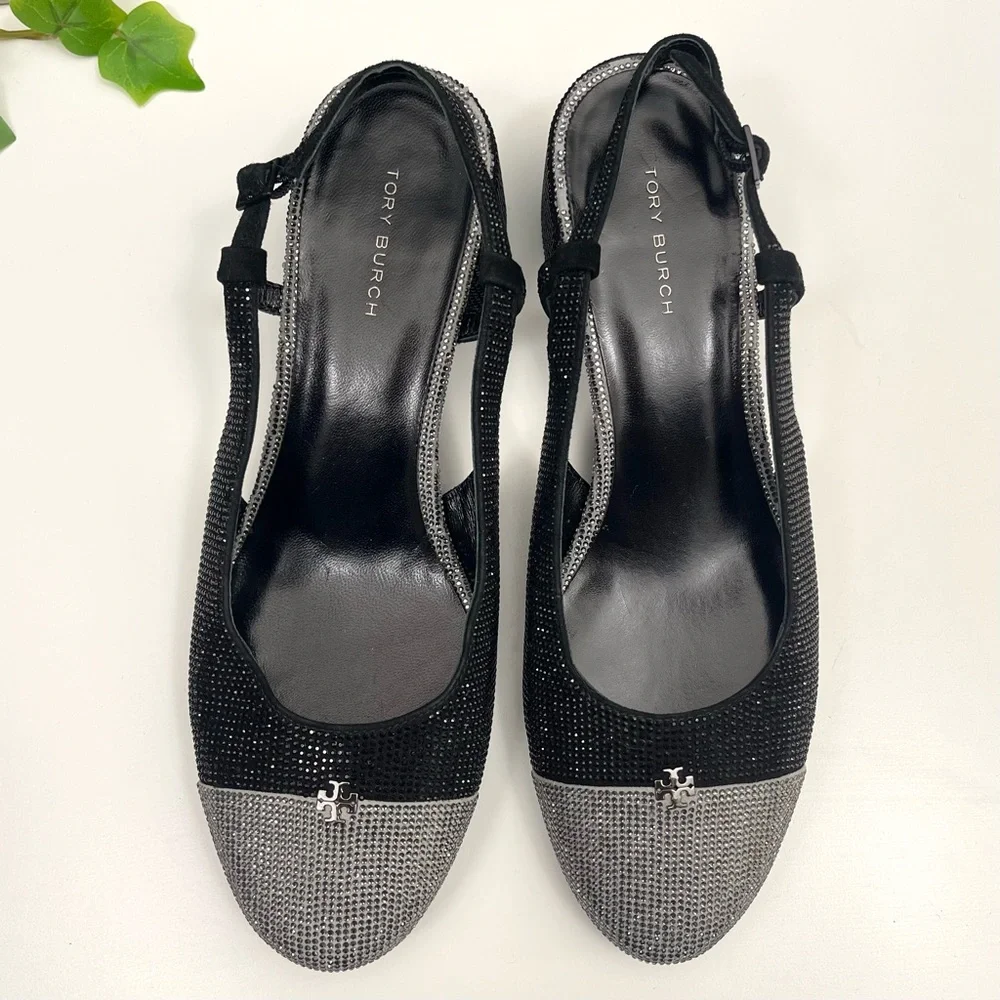 Tory Burch Cap Toe‎ Pave Slingback Heels in Black Silver Size 7